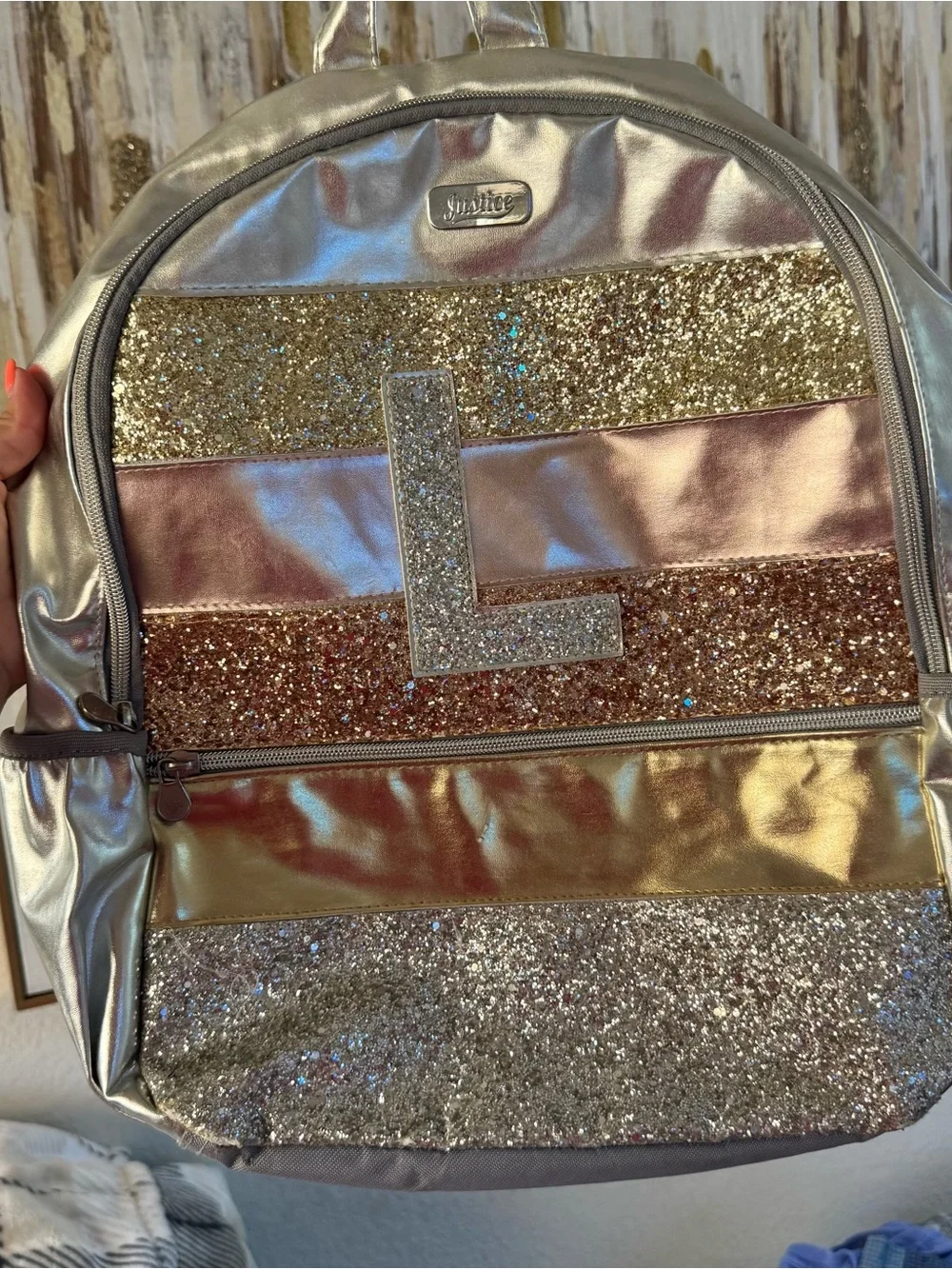 Justice Metallic Pink & Gold Glitter 'L' Backpack